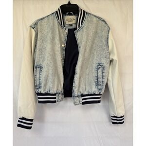 Ashley Vintage Charm Varsity Denim Jacket Women's Small Retro Cream Sleeve S